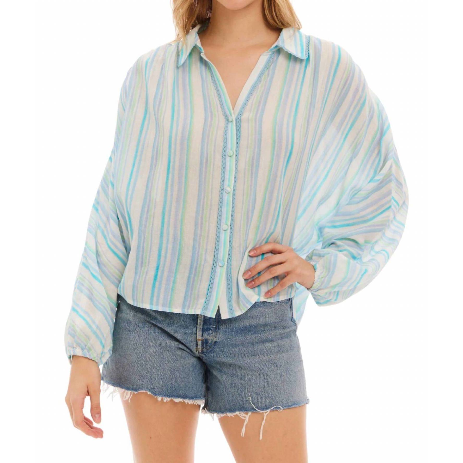New Allison New York Frankie Button Down Blouse In Blue Stripe
